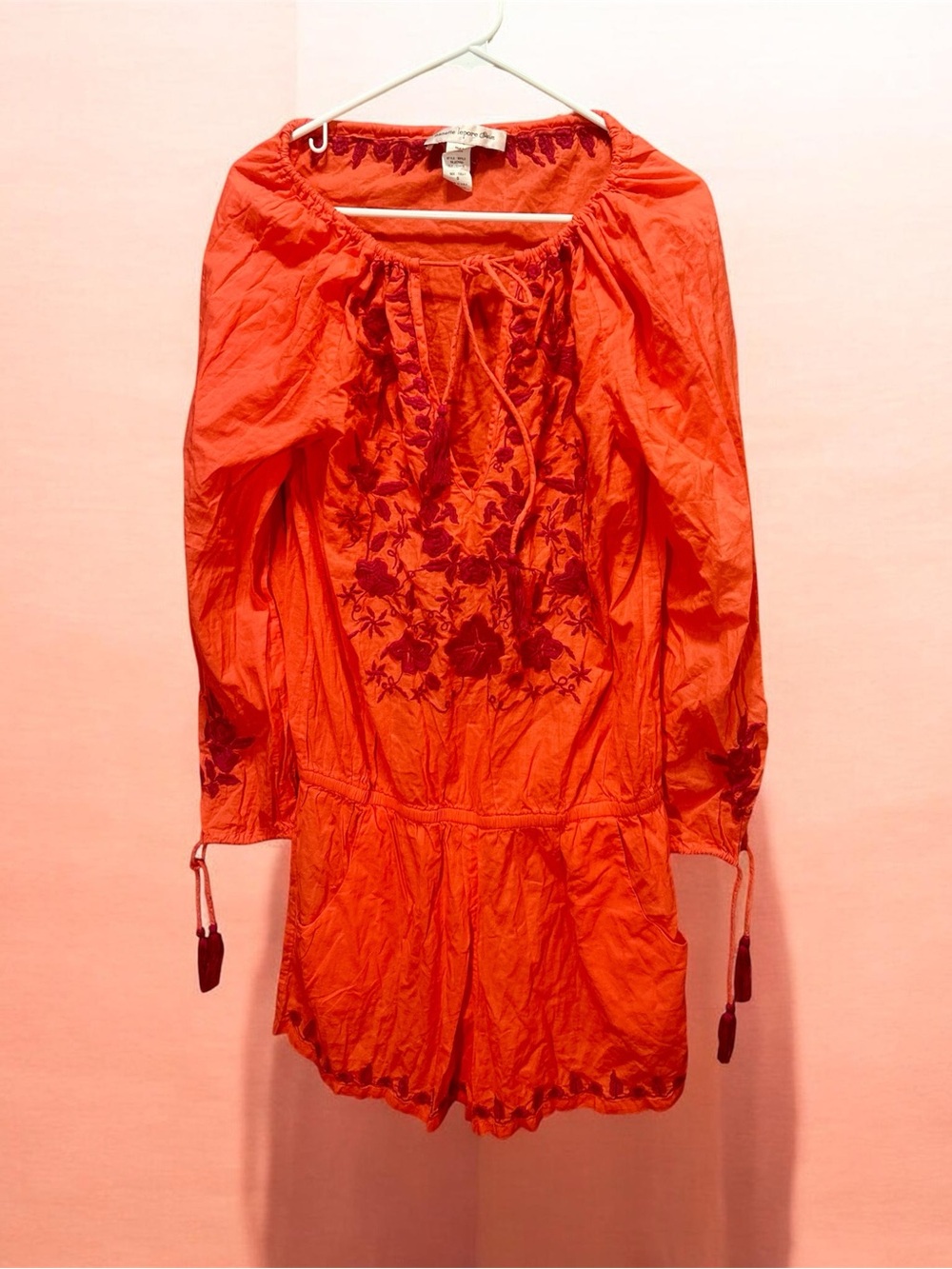 Nanette Lepore Swim Romper S Small Orange Embroidered Boho Tassel GUC